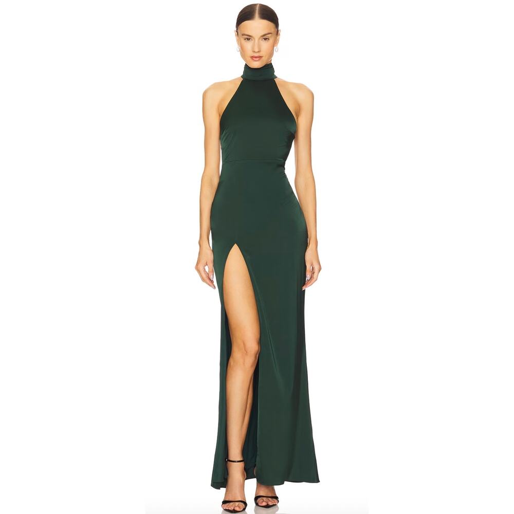 NBD Everett Mockneck Satin Finish Long Gown Dress in Green SZ S